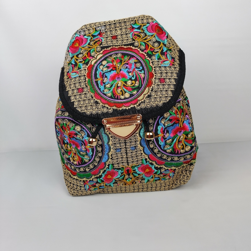 Embroidered mexican floral multicolor handmade‎ bagpack 100% mexican art new - Picture 4 of 11